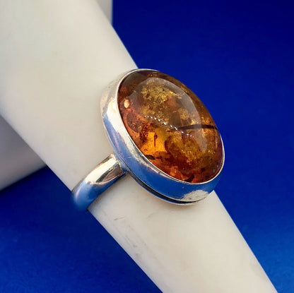 Designer Hallmarked 925 Sterling Silver Baltic Amber Oval Cabochon Fashion Ring