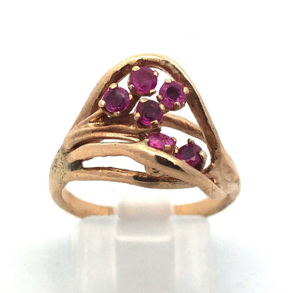 14K Yellow Gold Ruby Cluster Free Form Modernist July Birthday Cocktail Ring