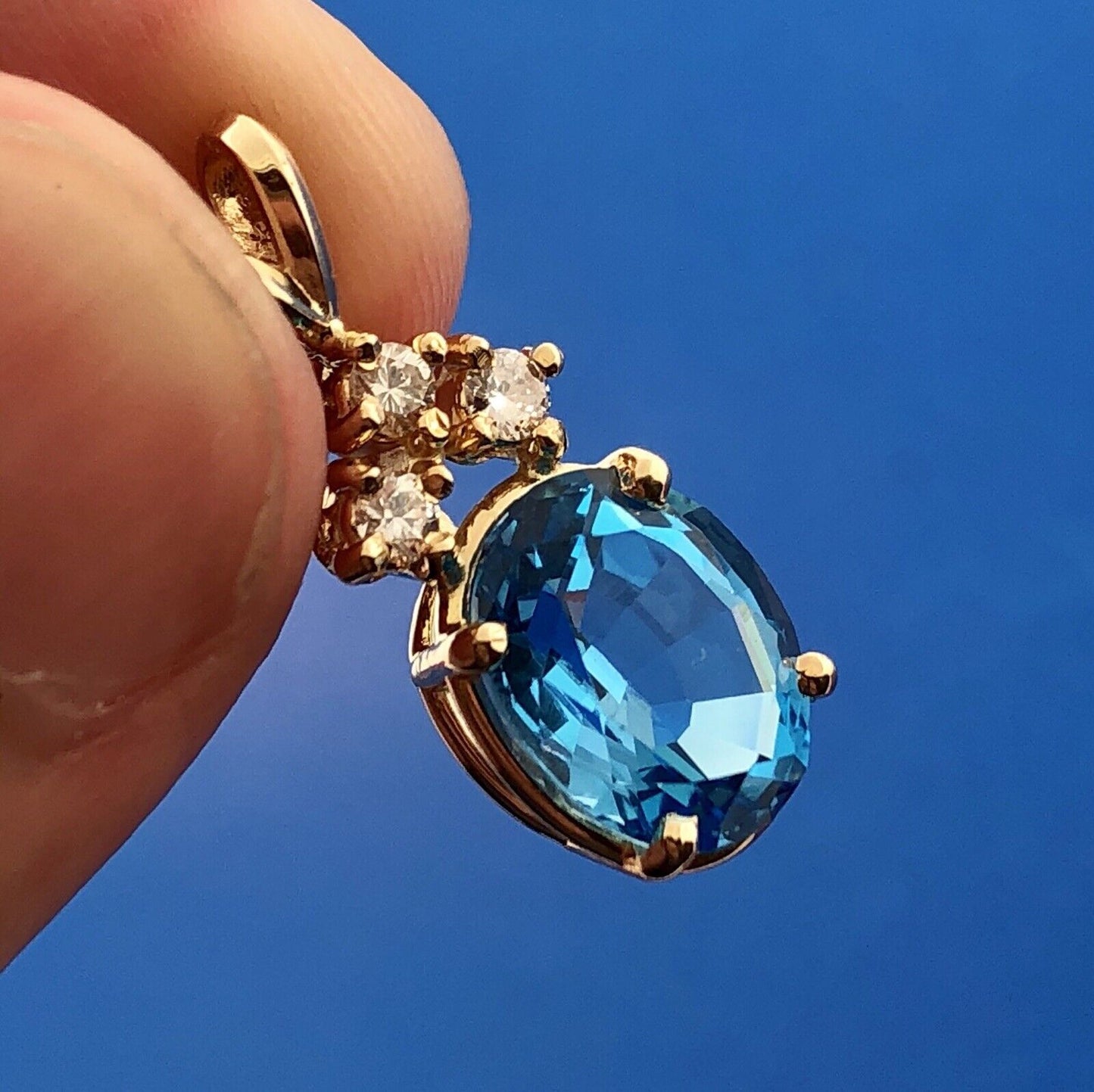14K Yellow Gold London Blue Topaz Diamond Drop December Anniversary Pendant
