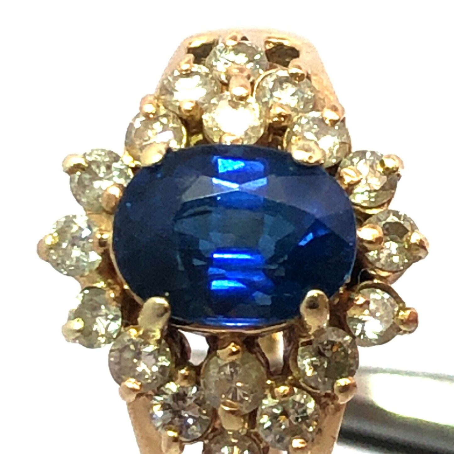 Vintage 14K Yellow Gold Oval Blue Sapphire Round Diamond Halo Anniversary Ring