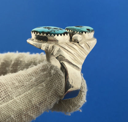 Native American Signed R Sterling Silver Chunky Turquoise Cabochon Unisex Ring