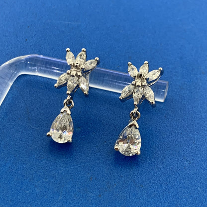 Designer 925 Sterling Silver Cubic Zirconia Flower Cluster Drop Dangle Earrings