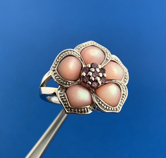Designer EA Sterling Silver 925 Pink CZ Pink Mother Of Pearl Flower Cluster Ring