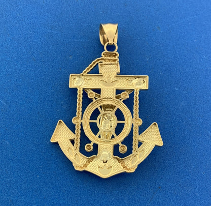Designer 10K Yellow Gold Sailors Cross Anchor Navy Religious Statement Pendant