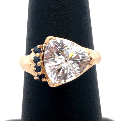 14K Yellow Gold Designer Trillion Cut White Topaz Blue Sapphire Accent Ring