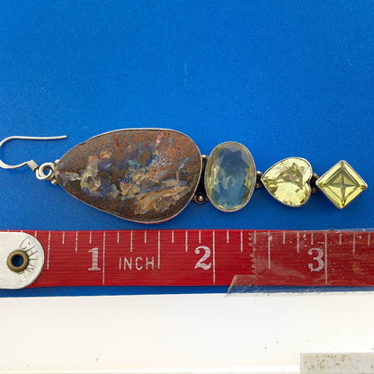 Retro 925 Sterling Silver Chunky Llanite Lemon Quartz Statement Dangle Earrings