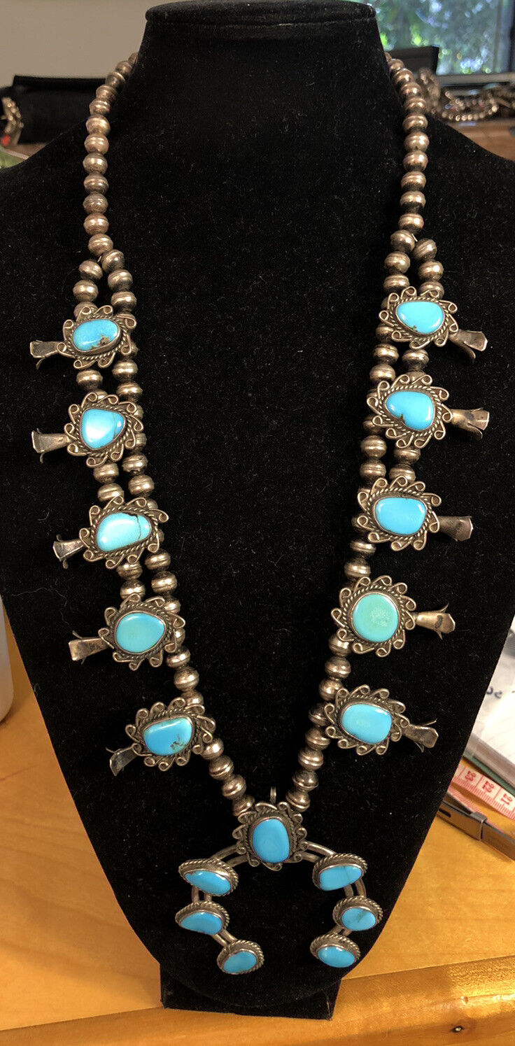 Vintage Native American 925 Sterling Silver Turquoise Squash Blossom Necklace