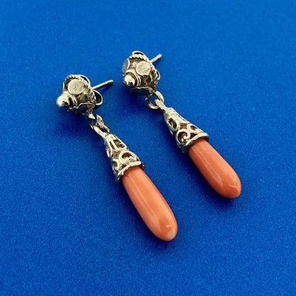 Stunning Sterling Silver 925 Cabochon Elongated Coral Dangle Earrings
