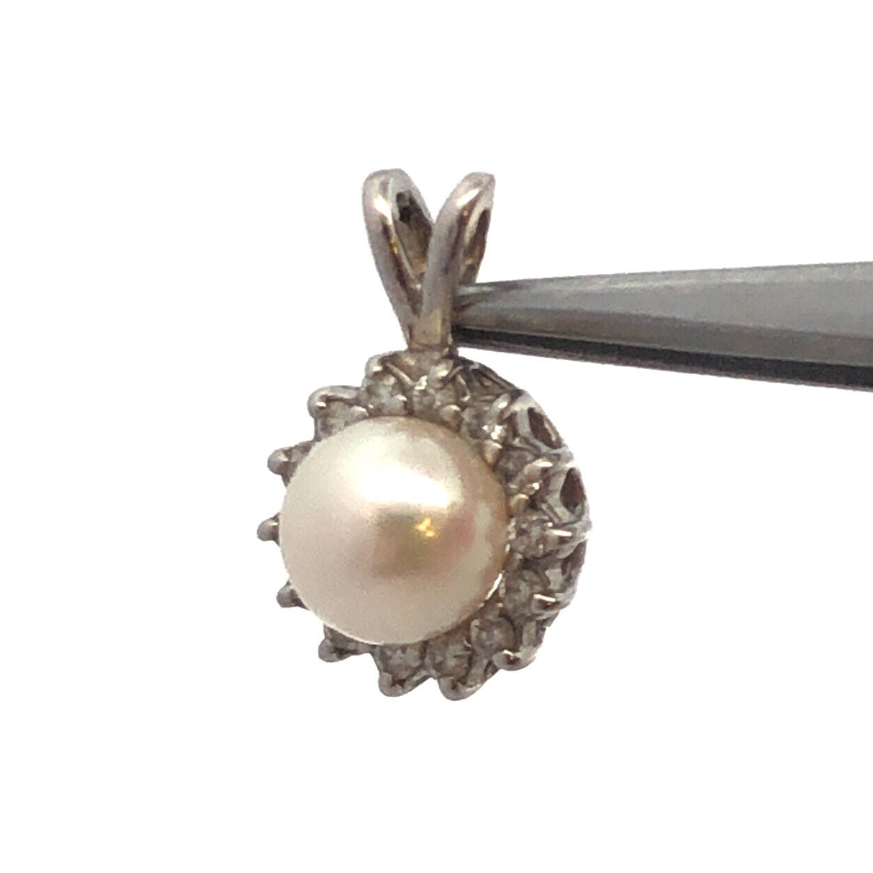 Designer BME 14K White Gold Round White Pearl Diamond Halo June Bridal Pendant