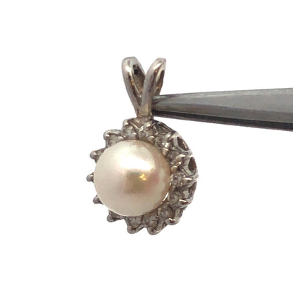 Designer BME 14K White Gold Round White Pearl Diamond Halo June Bridal Pendant