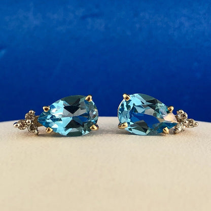 14K Yellow Gold Swiss Blue Topaz Diamond December Anniversary Pear Stud Earrings