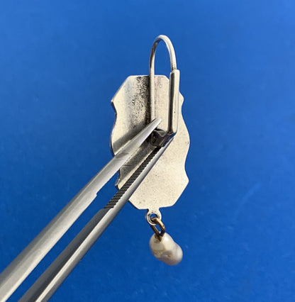 Vintage Pearl Dangle 925 Sterling Silver Floral Panel Hook Lever-back Earrings