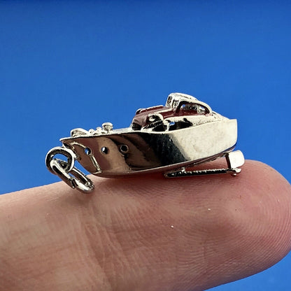 Vintage Designer WELLS 925 Sterling Silver 3D Red Enamel Speed Ski Boat Charm