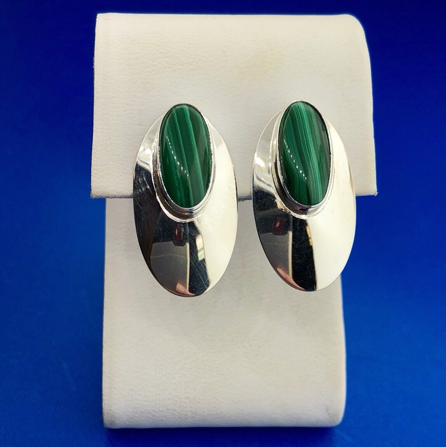 Vintage Sterling Silver 925 Oval Malachite Cabochon Elongated Stud Earrings