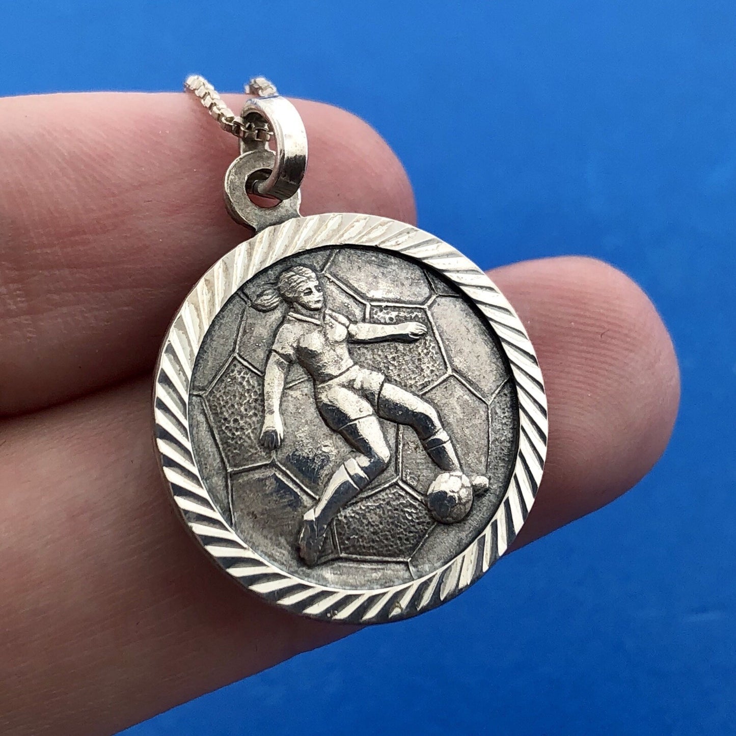Designer FAS Italy Sterling Silver St Christopher Girl Soccer Pendant Necklace