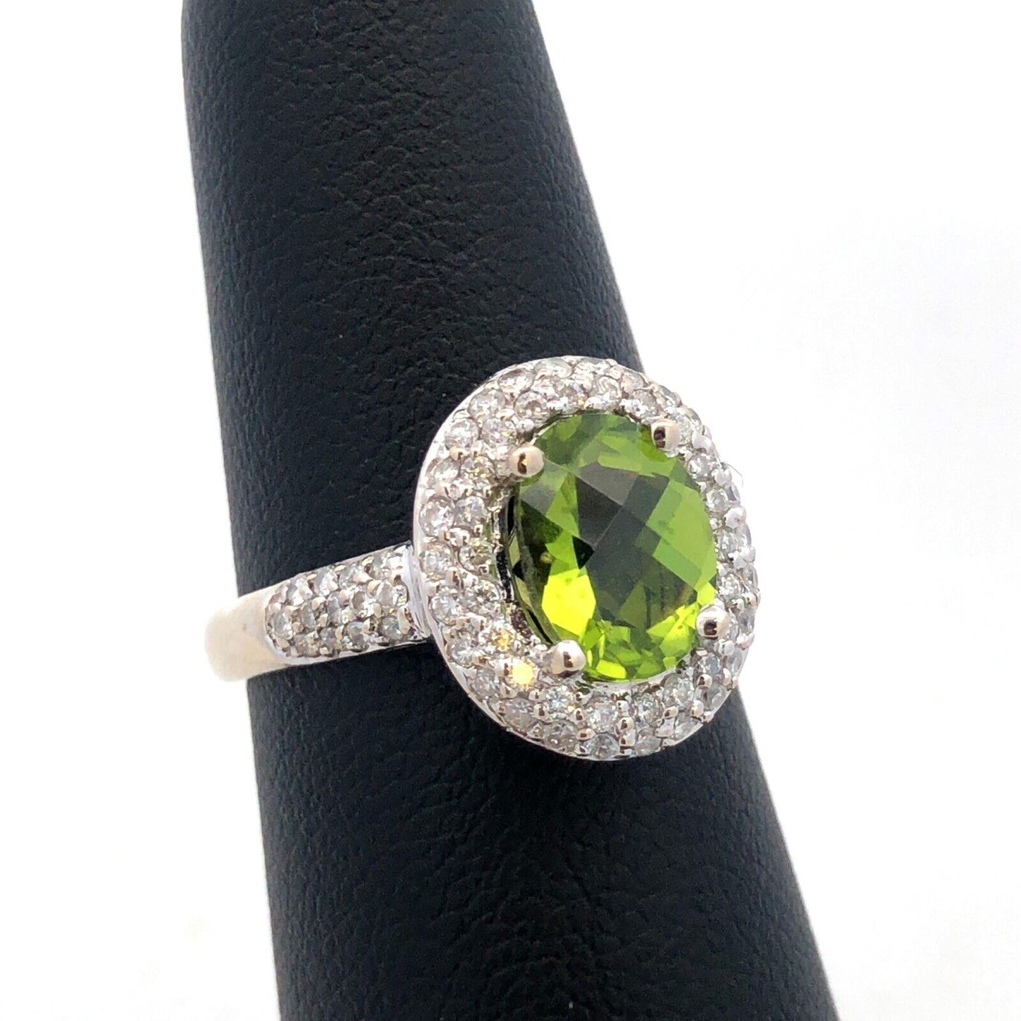 Designer EMA 14K White Gold Oval Cushion Cut Peridot Diamond Halo Cocktail Ring