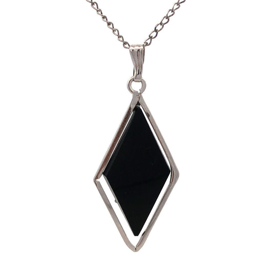 Estate 925 Sterling Silver Black Onyx Modernist Pendant Necklace