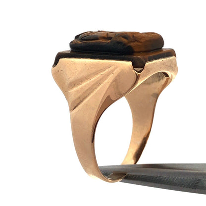 Vintage Men's 10K Yellow Gold Carved Intaglio Tiger's Eye Roman Textured Ring