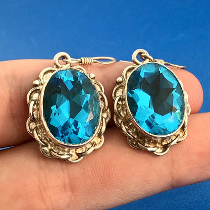 Vintage Sterling Silver Ocean Blue Cubic Zirconia Oval Scroll Statement Earrings