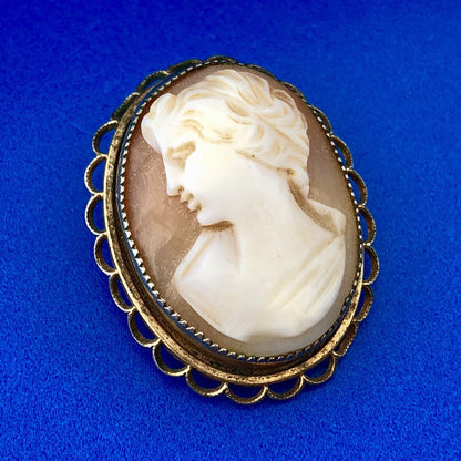 Vintage AMCO 14K Yellow Gold Filled Carved Shell Cameo Ornate Pin Brooch Pendant