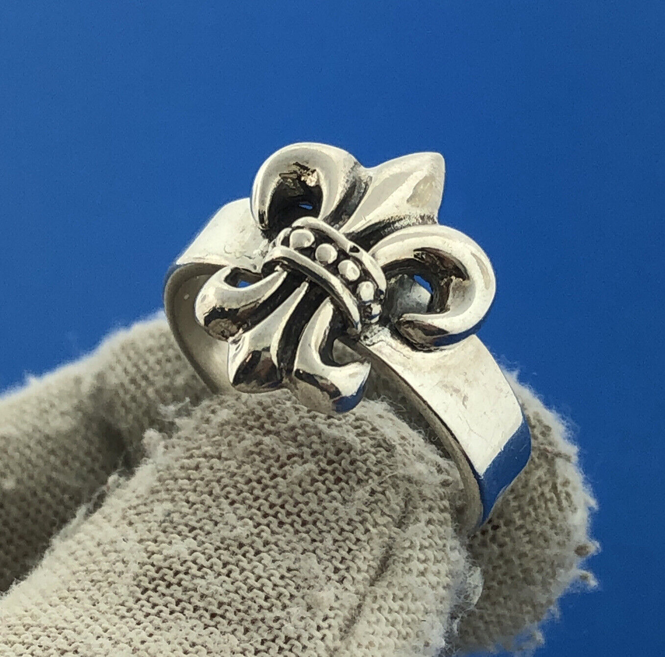 925 Sterling Silver Fleur De Lis Religious French Cigar Band Ring