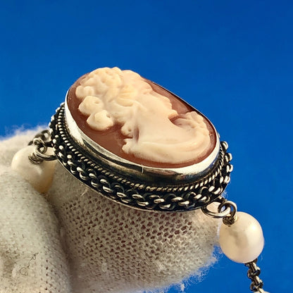 Vintage Italian Designer 925 Sterling Silver Cameo Pearl Station Necklace