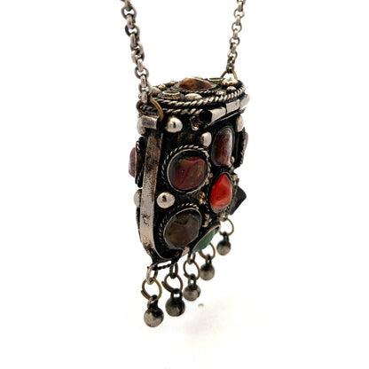 Vintage Sajai Metal Mixed Gemstone Silver Tone Prayer Box Coin Purse Necklace