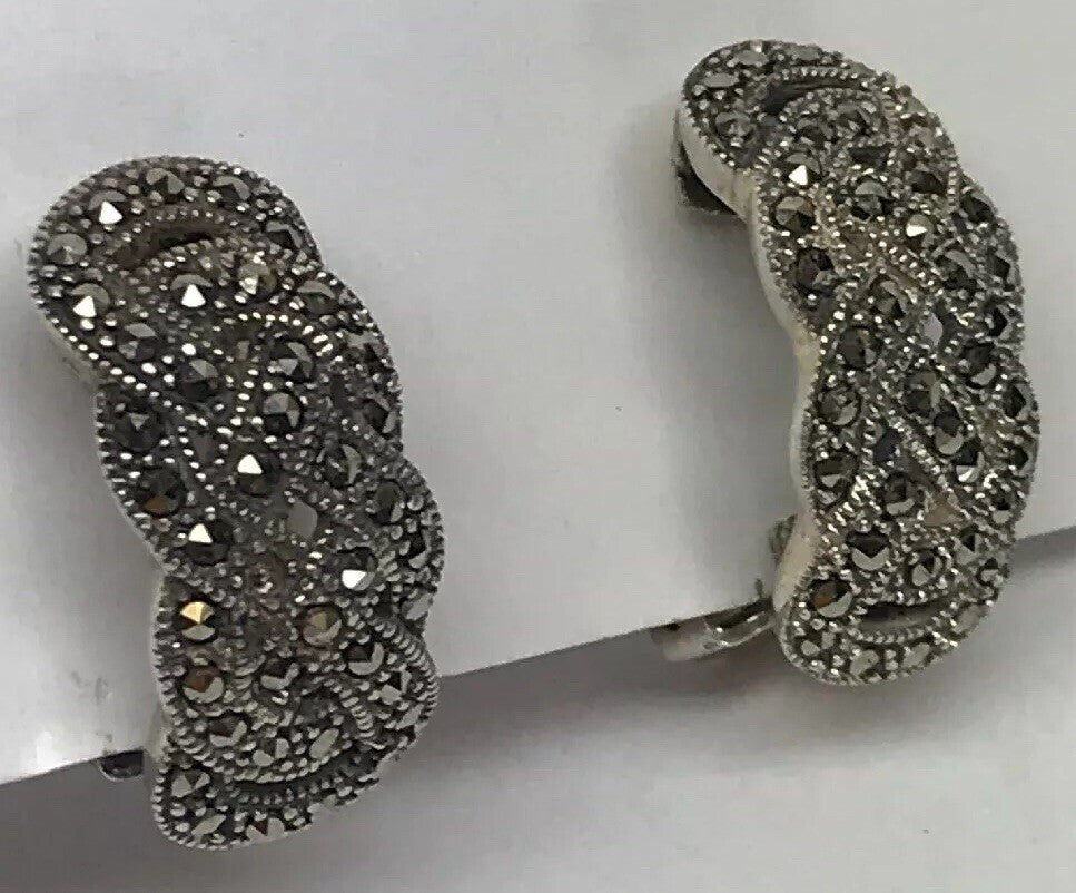 Art Deco 925 Sterling Silver Marcasite Open Work Basket Weave Clip Earrings