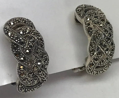 Art Deco 925 Sterling Silver Marcasite Open Work Basket Weave Clip Earrings