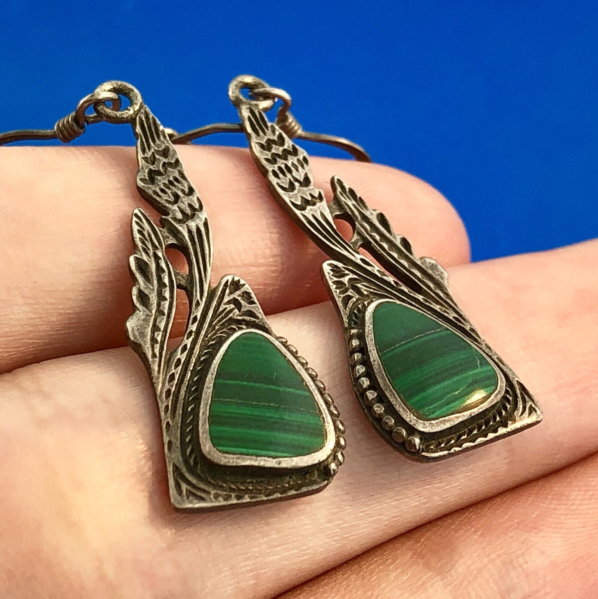 Estate Sterling Silver Malachite Trilliant Feather Wings Motif Dangle Earrings