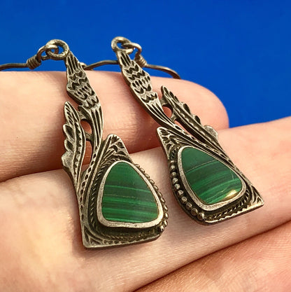 Estate Sterling Silver Malachite Trilliant Feather Wings Motif Dangle Earrings