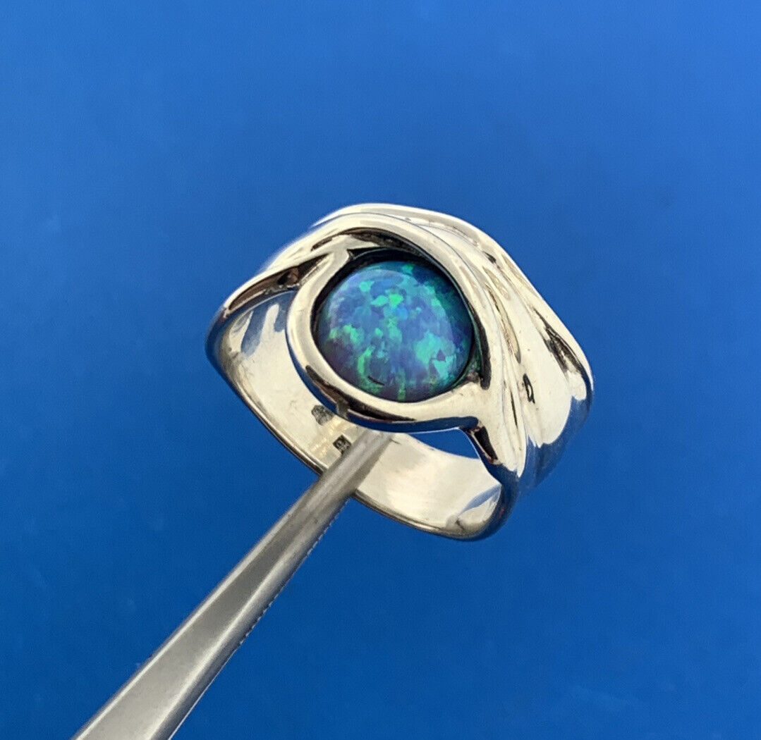 Modernist Designer 925 Sterling Silver Opal Cabochon Cigar Band Ring