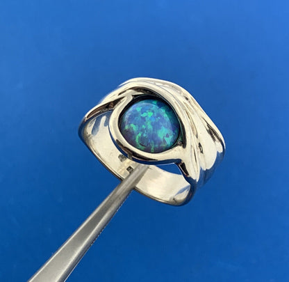 Modernist Designer 925 Sterling Silver Opal Cabochon Cigar Band Ring