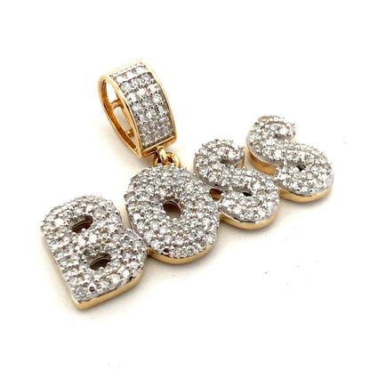 Designer 10K Yellow Gold Diamond Pave Encrusted BOSS Word Statement Pendant