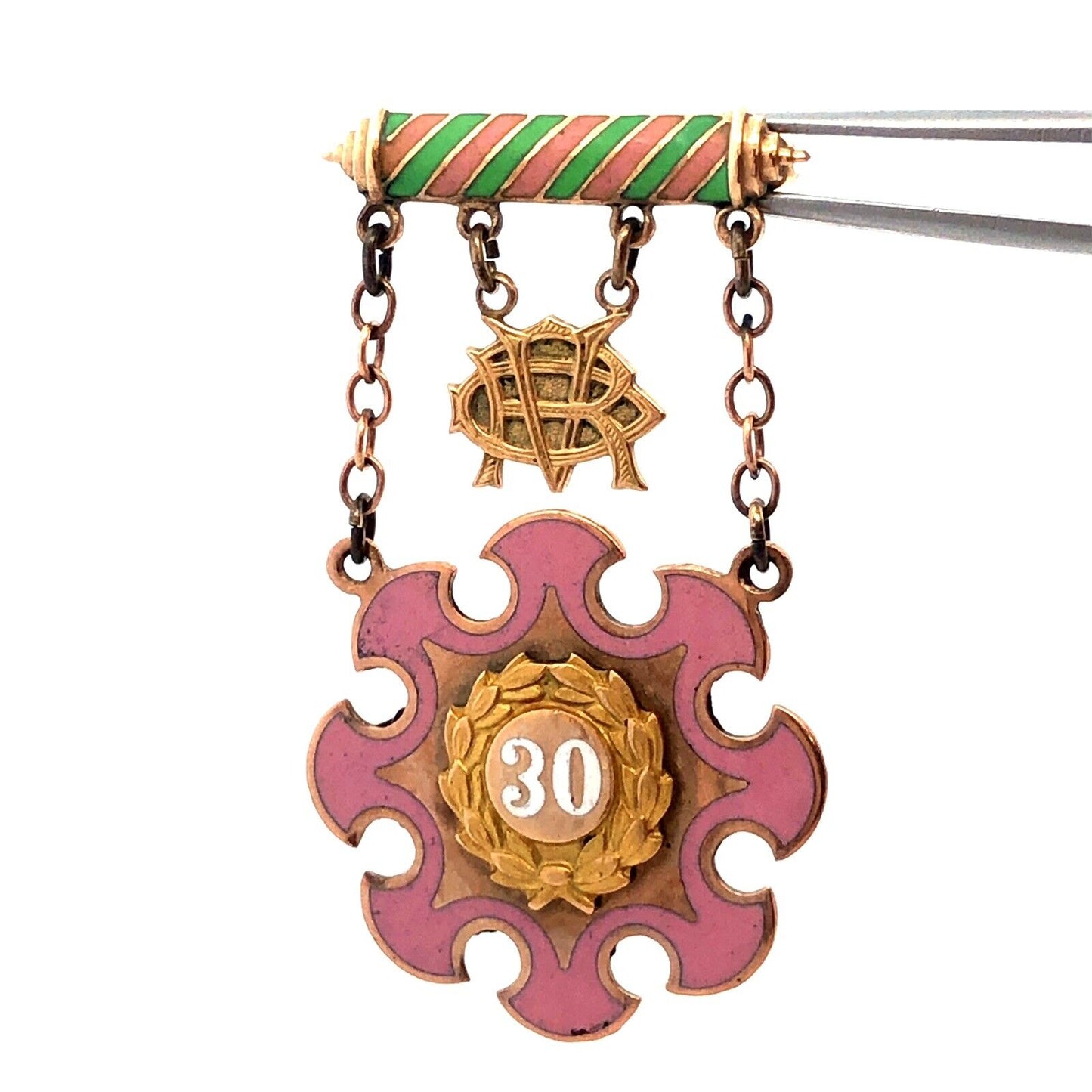 1937 10K Yellow Gold Pink Green Enamel 30 Year Eastern Star Service Award Pin