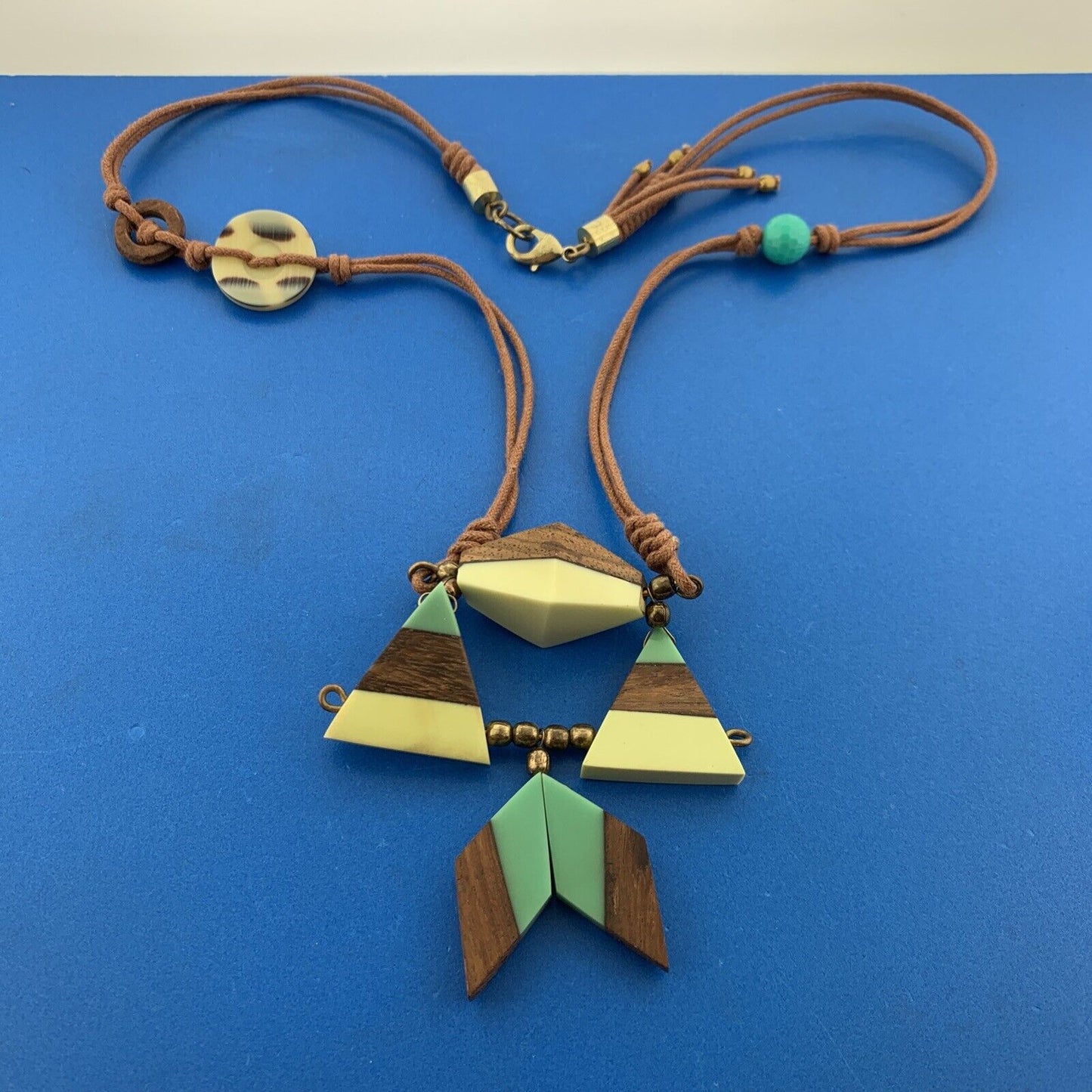Mid Century Gold Tone Modern Wooden Bakelite Beaded Corded Necklace Earrings Set
