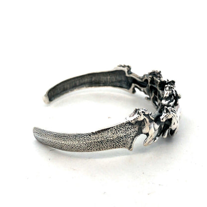 Vintage 925 Sterling Silver 3D Horse Galloping Equine Textured Cuff Bracelet