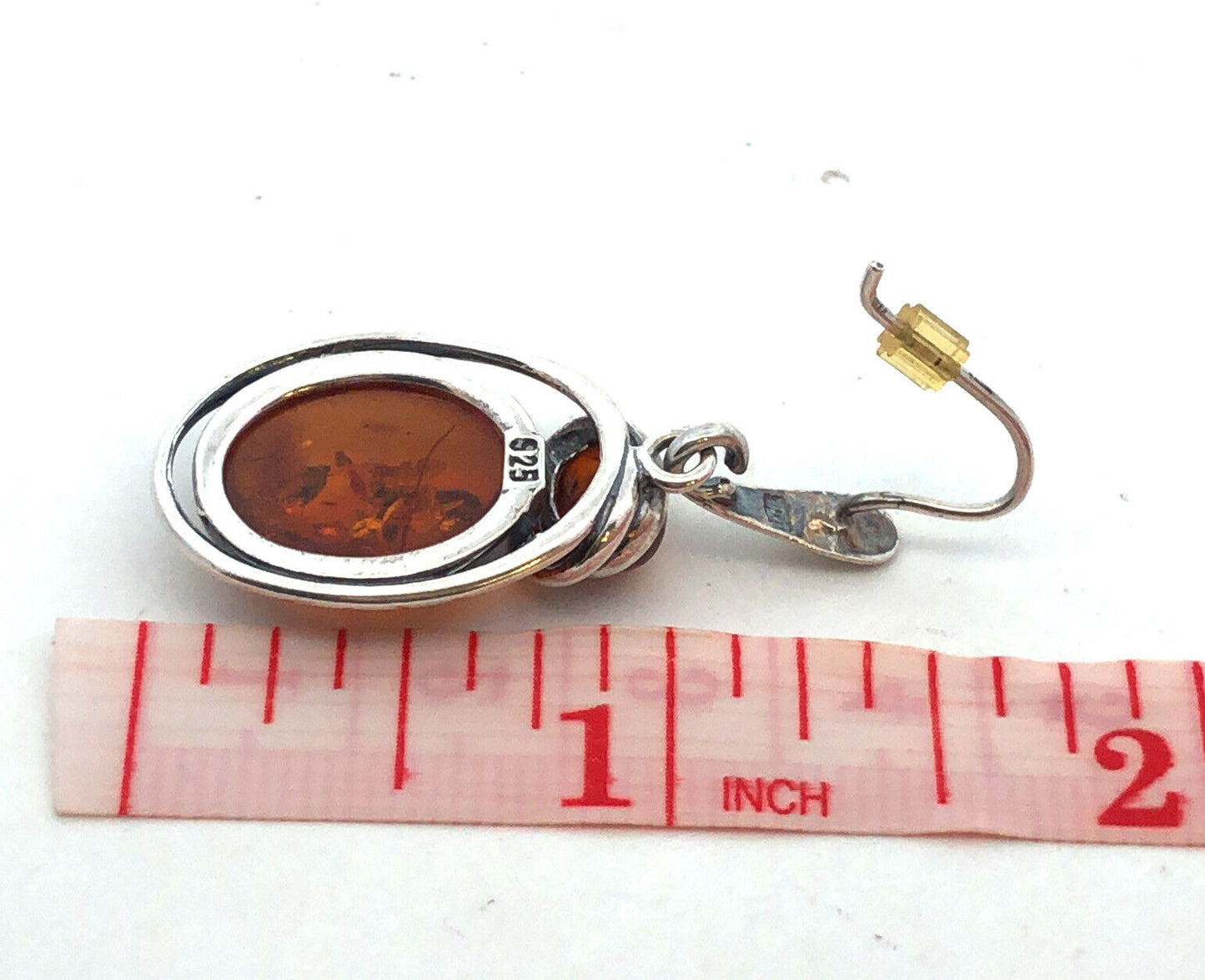 Estate Vintage 925 Sterling Silver Amber Cabochon Modernist Dangle Drop Earrings