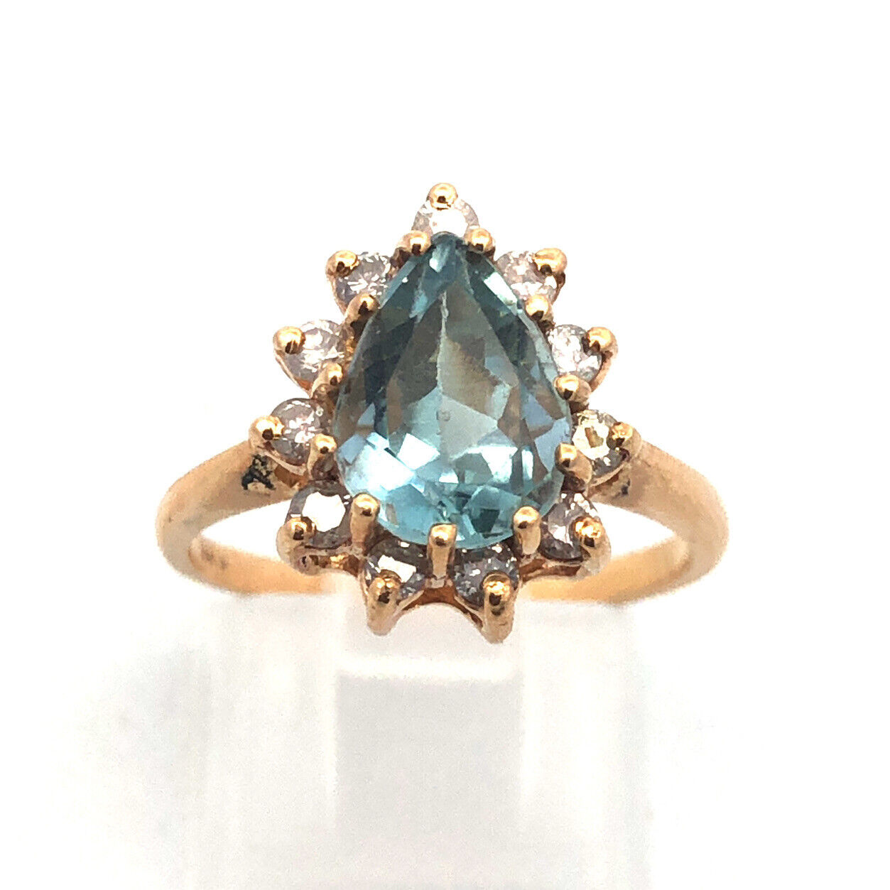 14K Yellow Gold Blue Topaz Diamond Halo December Birthday Occasion Cocktail Ring