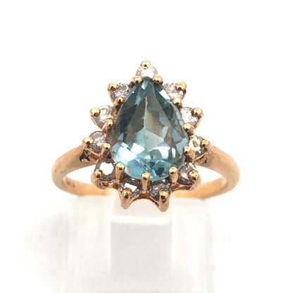 14K Yellow Gold Blue Topaz Diamond Halo December Birthday Occasion Cocktail Ring