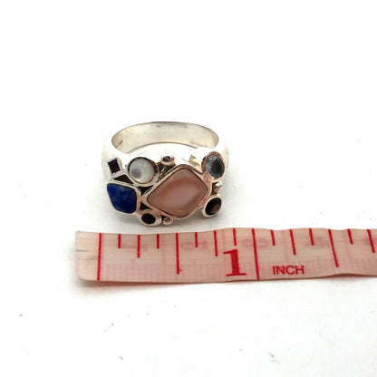 Designer LT 925 Sterling Silver Mother of Pearl Lapis Lazuli Cluster Band Ring