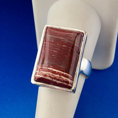 Sterling Silver 925 Banded Red Jasper Rectangular Modernist Statement Ring