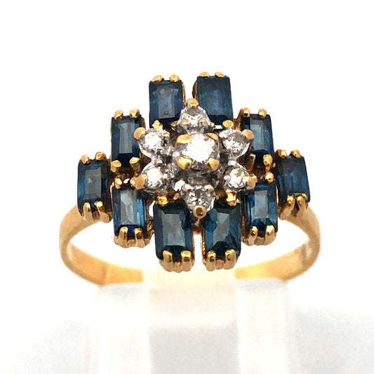 Vintage Estate 18k Yellow Gold Diamond Cluster Sapphire Accent Ring Size 6.25