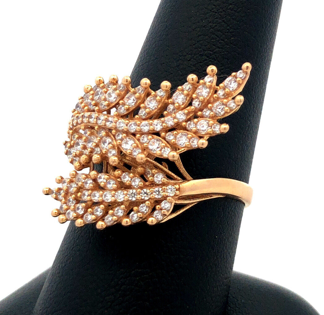 Designer 18K Yellow Gold Cubic Zirconia Leaves Feather Bypass Statement Ring