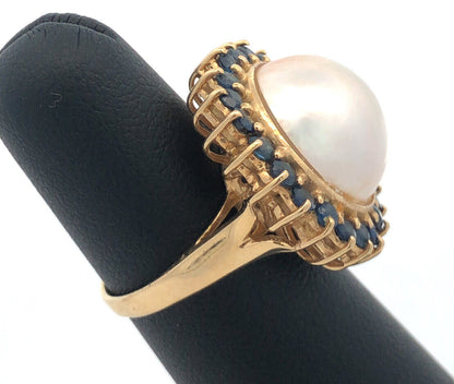 Vintage Designer 14K Yellow Gold Mabe Pearl Sapphire Halo Statement Cocktail Rin