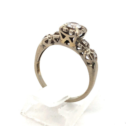 Vintage 14K White Gold Diamond Solitaire W/Accents Engagement Ring