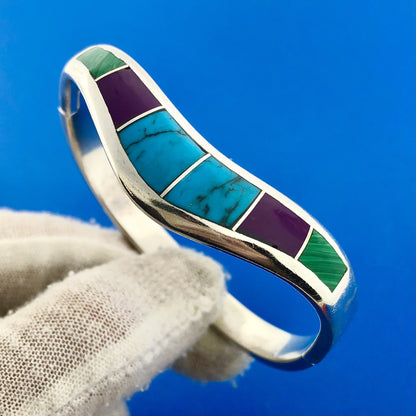 Vintage Taxco Signed 925 Sterling Silver Multi Gem Inlay Hinged Cuff Bracelet