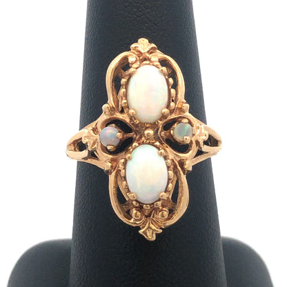Vintage Art Deco Design 10K Yellow Gold Opal Statement Cocktail Ring