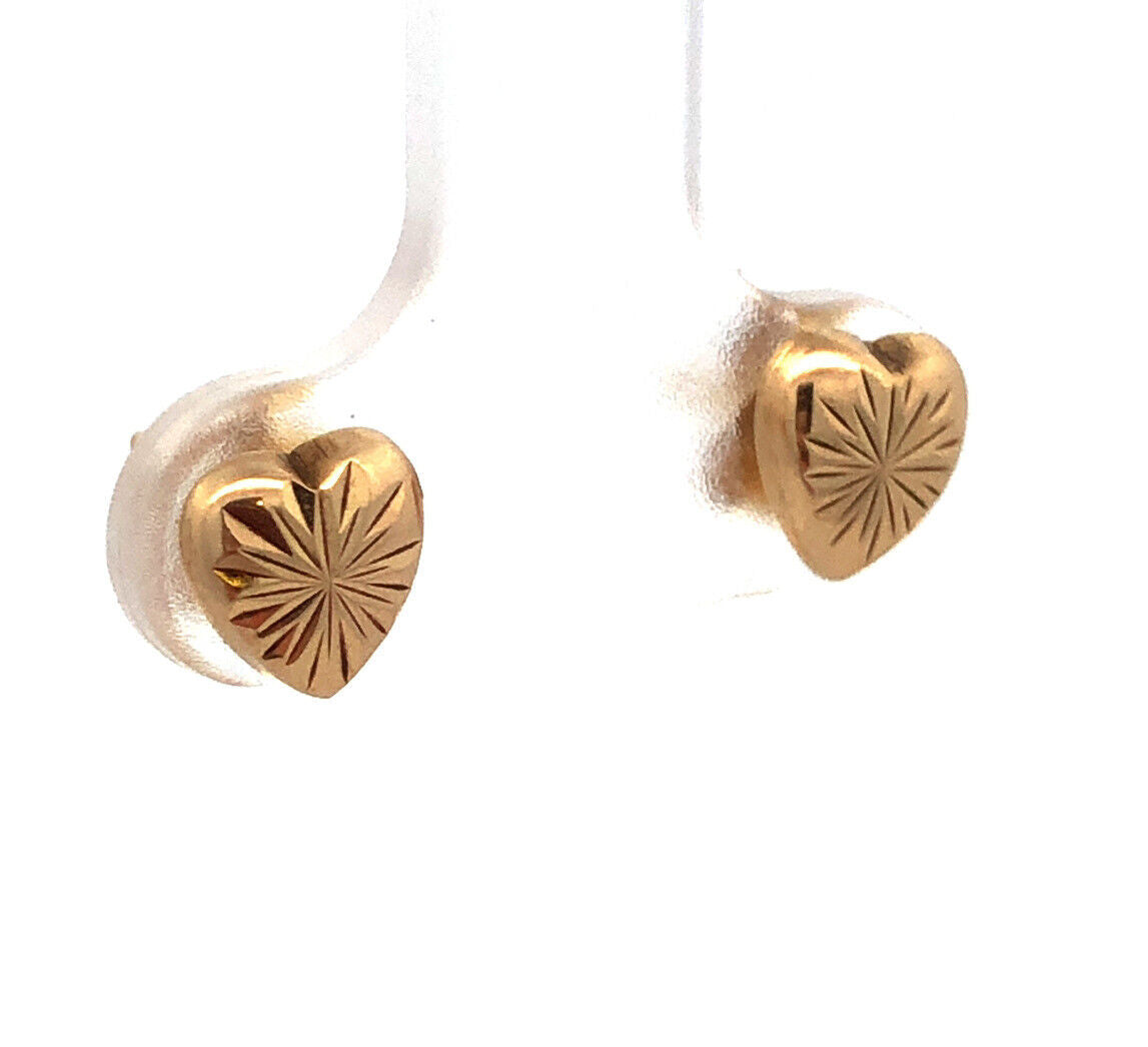 Beautiful 14K Yellow Gold Textured Heart Shaped Butterfly-Back Stud Earrings