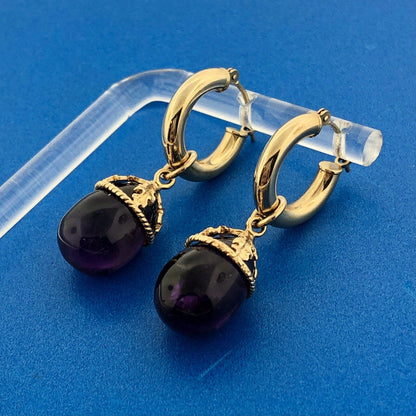 Gorgeous 14k Yellow Gold  Amethyst Pear Floral Dangle Hoop Statement Earrings